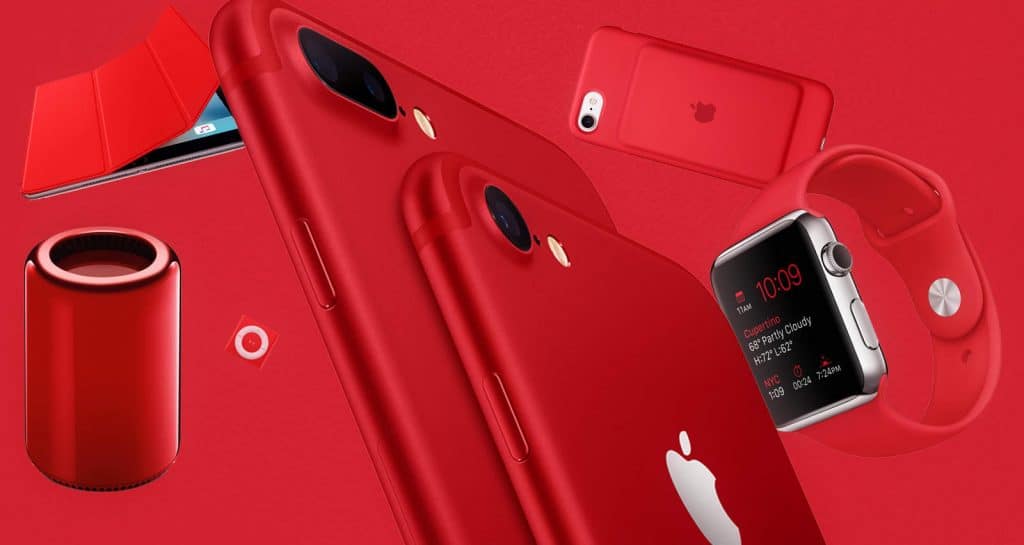 A collection of red Apple products, including an iPhone, Apple Watch, smart cover, iPod nano, Mac Pro, and iPhone case—all showcased against a red background. These devices exemplify Apple's sleek design while supporting COVID-19 relief through their Product(RED) partnership.