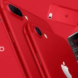 A collection of red Apple products, including an iPhone, Apple Watch, smart cover, iPod nano, Mac Pro, and iPhone case—all showcased against a red background. These devices exemplify Apple's sleek design while supporting COVID-19 relief through their Product(RED) partnership.
