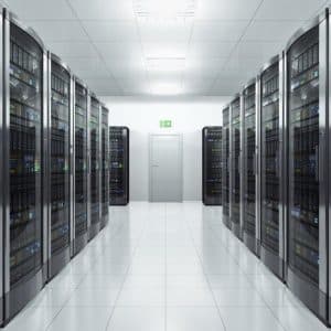 A long, brightly lit hallway in a data center houses rows of server racks on both sides, with interconnected cables and blinking LED lights. The clean, white-tiled floor mirrors the meticulous preparation needed for passing the CEH exam, symbolizing a gateway to EC-Council CEH certification success.