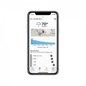 A smartphone displaying an Apple weather app interface. The screen shows the current weather in La Grange, MA as 70°F with a partly cloudy icon. Below is a map with a weather radar and a graph depicting the temperature forecast for the next 12 hours, powered by Dark Sky technology.