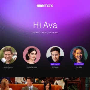 An HBO Max streaming service interface with a gradient purple background greets users: "Hi Ava, Content curated just for you." Below, profile pictures and names of various celebrities are presented in circular frames. Different shows and movies launching May 27 are visible at the bottom.