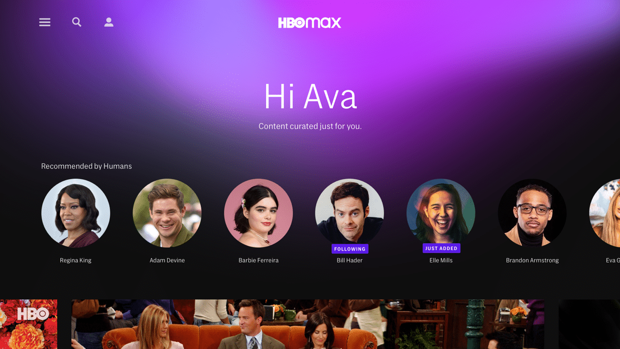 An HBO Max streaming service interface with a gradient purple background greets users: "Hi Ava, Content curated just for you." Below, profile pictures and names of various celebrities are presented in circular frames. Different shows and movies launching May 27 are visible at the bottom.