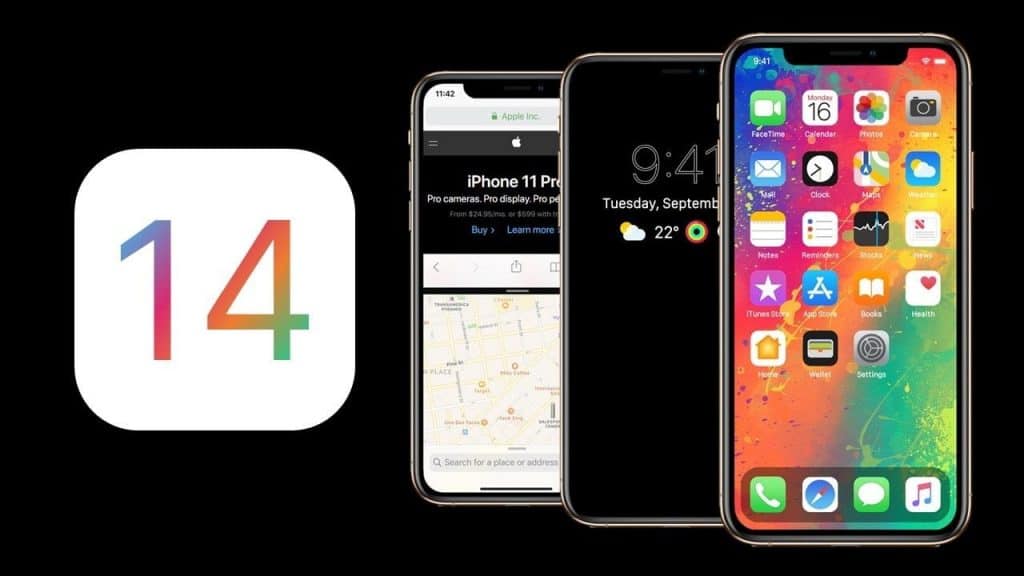 A graphic showcasing iOS 14 features with an iOS 14 logo on the left. To the right are three iPhones displaying iOS 14 screens, including a web page, a weather app with dynamic data, and a home screen filled with colorful app icons and new Apple home screen widgets.