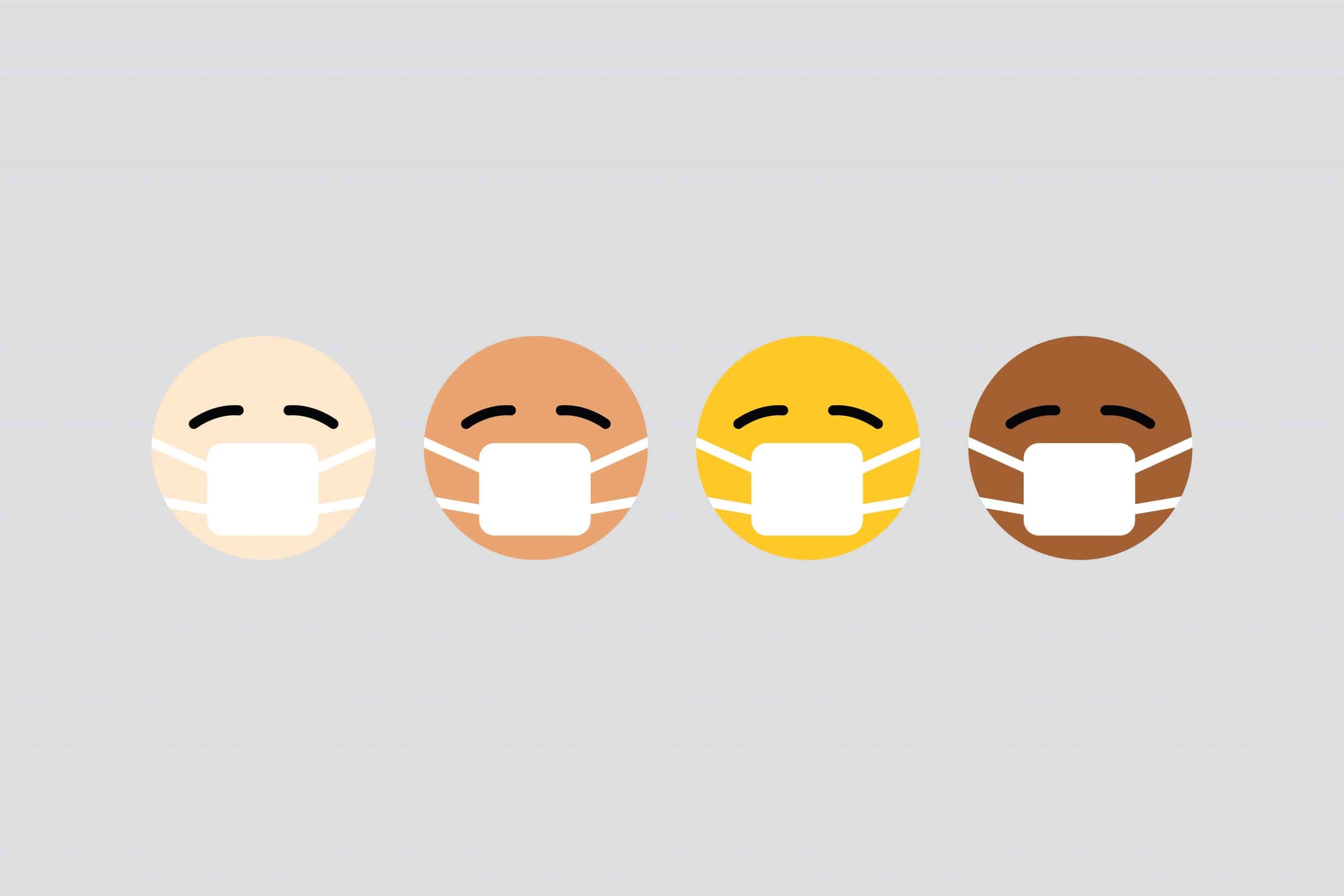 Illustration of four stylized faces in different skin tones, each wearing a white facemask. The faces display simple, minimalist features, with closed eyes and no additional details. The background is a light, neutral color. Inspired by the COVID-19 era's emphasis on health and safety.