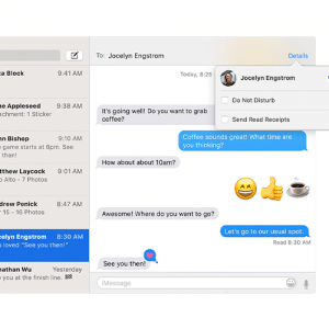 A Mac message app chat interface shows a conversation between multiple contacts. Jocelyn Engstrom and the user chat about meeting for coffee at 10am. Emojis are used. Jocelyn is highlighted, and options for notifications are shown: Do Not Disturb, Send Read Receipts. Stay tuned for these features in the next release of macOS Messages app!