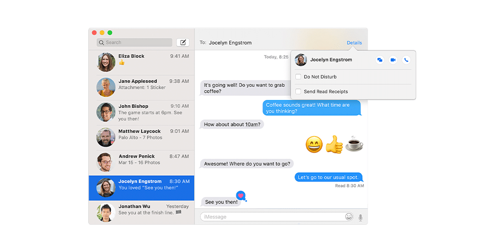 A Mac message app chat interface shows a conversation between multiple contacts. Jocelyn Engstrom and the user chat about meeting for coffee at 10am. Emojis are used. Jocelyn is highlighted, and options for notifications are shown: Do Not Disturb, Send Read Receipts. Stay tuned for these features in the next release of macOS Messages app!