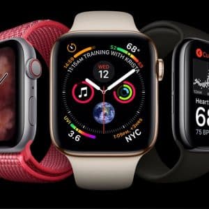 Three smartwatches are displayed against a black background. The left smartwatch shows an abstract wavy pattern on its screen, the center smartwatch, running watchOS 7, showcases various fitness and health metrics, and the right smartwatch displays a heart rate of 68 BPM.