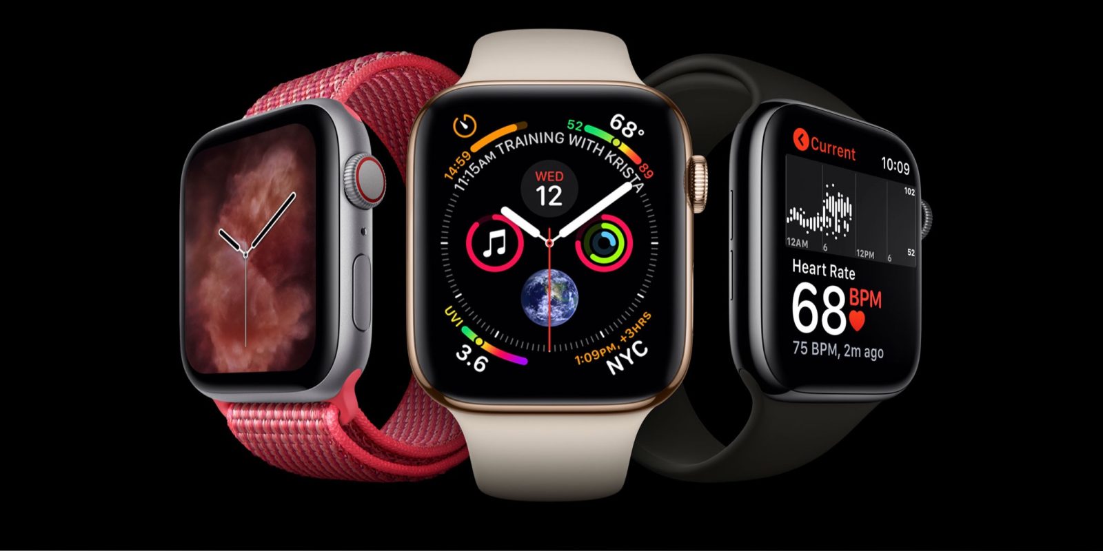 Three smartwatches are displayed against a black background. The left smartwatch shows an abstract wavy pattern on its screen, the center smartwatch, running watchOS 7, showcases various fitness and health metrics, and the right smartwatch displays a heart rate of 68 BPM.