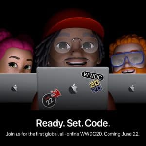 Three animated characters sit behind their laptops, each branded with an Apple logo. The characters appear excited: one with pink hair in a bun, one sporting a red hat and glasses, and the third flaunting curly hair and glasses. Text below reads, "Ready. Set. Code. Join us for the first global, all-online virtual WWDC20 on June 22.
