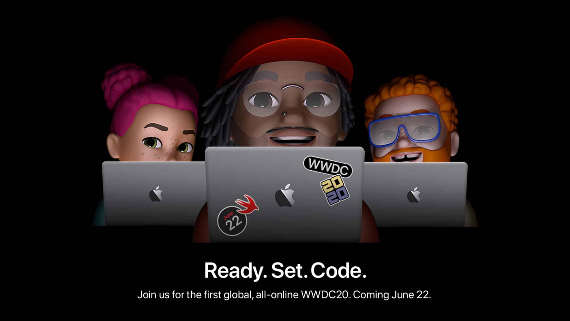 Three animated characters sit behind their laptops, each branded with an Apple logo. The characters appear excited: one with pink hair in a bun, one sporting a red hat and glasses, and the third flaunting curly hair and glasses. Text below reads, "Ready. Set. Code. Join us for the first global, all-online virtual WWDC20 on June 22.