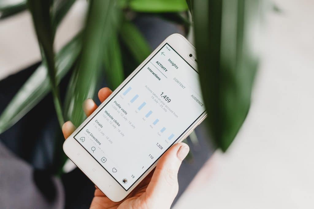 A hand holding a smartphone displaying Instagram app analytics data with bar graphs. The background is slightly blurred with green leaves, creating a natural setting, perfect for attracting new followers.