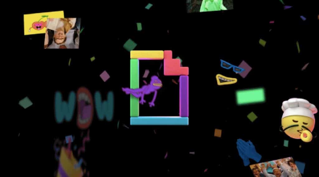 A colorful, animated GIF icon is centered, adorned with a small bird. Surrounding the icon are various emojis and images, including a chef emoji, a smiling emoji wearing sunglasses, and an emoji clapping. The background is black with scattered confetti—like a festive GIPHY takeover on Facebook.