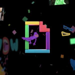 A colorful, animated GIF icon is centered, adorned with a small bird. Surrounding the icon are various emojis and images, including a chef emoji, a smiling emoji wearing sunglasses, and an emoji clapping. The background is black with scattered confetti—like a festive GIPHY takeover on Facebook.