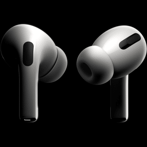 A close-up image of two wireless earbuds against a black background. The earbuds are sleek and modern in design, resembling Apple’s AirPods Pro, featuring soft, rounded tips for the ears and small, black mesh speakers. The glossy and smooth exterior enhances their sophisticated look.