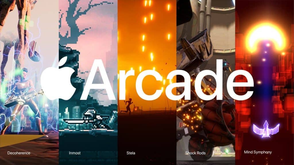 Image of a promotional banner for Apple Arcade, featuring five must-play Apple games side by side with the Apple Arcade logo centered. The games shown from left to right are: "Decoherence," "Inmost," "Stela," "ShockRods," and "Mind Symphony.