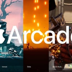 Image of a promotional banner for Apple Arcade, featuring five must-play Apple games side by side with the Apple Arcade logo centered. The games shown from left to right are: "Decoherence," "Inmost," "Stela," "ShockRods," and "Mind Symphony.