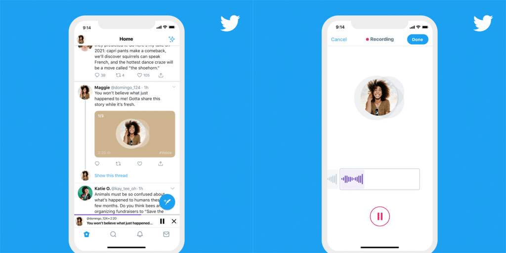 A split image displays two screens of the Twitter interface on a smartphone. The left screen shows a Twitter timeline with voice-based tweets highlighted in a tweet. The right screen presents the recording interface, complete with profile picture, recording controls, and audio waves. Available on iOS and Android.