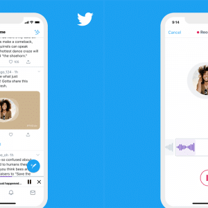 A split image displays two screens of the Twitter interface on a smartphone. The left screen shows a Twitter timeline with voice-based tweets highlighted in a tweet. The right screen presents the recording interface, complete with profile picture, recording controls, and audio waves. Available on iOS and Android.