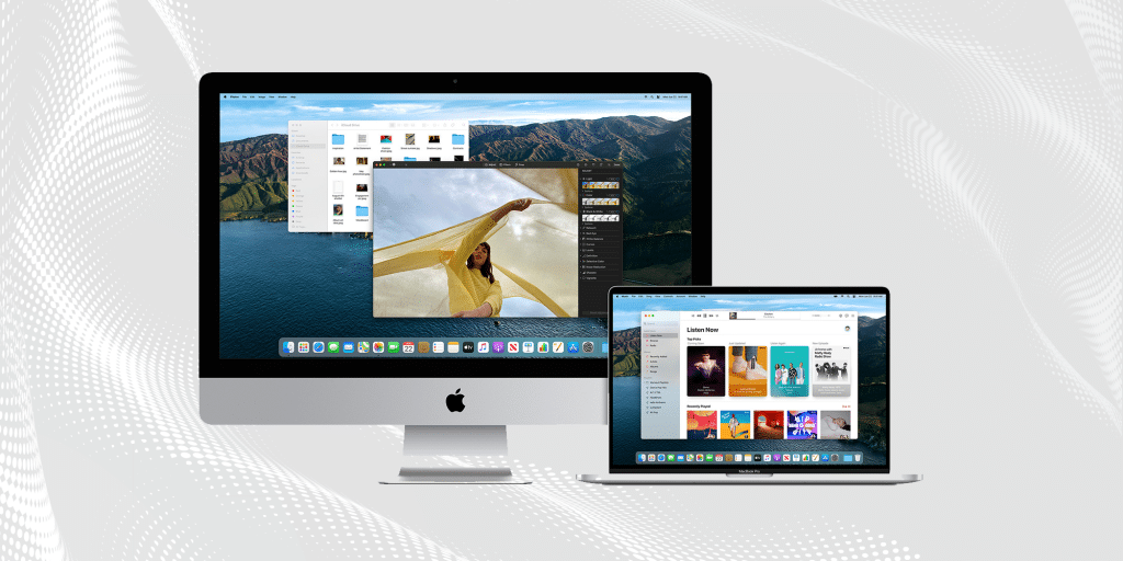 A desktop Mac and a MacBook are displayed against a light gray, wave-patterned background. The desktop Mac showcases a photo editing application, while the MacBook screen features a music library. Both devices run macOS, highlighting Apple's new features in their latest software update.