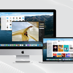 A desktop Mac and a MacBook are displayed against a light gray, wave-patterned background. The desktop Mac showcases a photo editing application, while the MacBook screen features a music library. Both devices run macOS, highlighting Apple's new features in their latest software update.