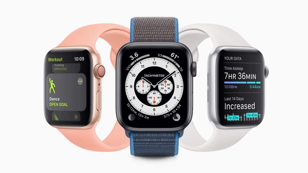 Three smartwatches are displayed side by side. The smartwatch on the left has a pink band and a workout goal screen. The central smartwatch, equipped with Apple watchOS 7, has a blue fabric band with an analog-style tachymeter display. The smartwatch on the right has a white band and a sleep-tracking screen.