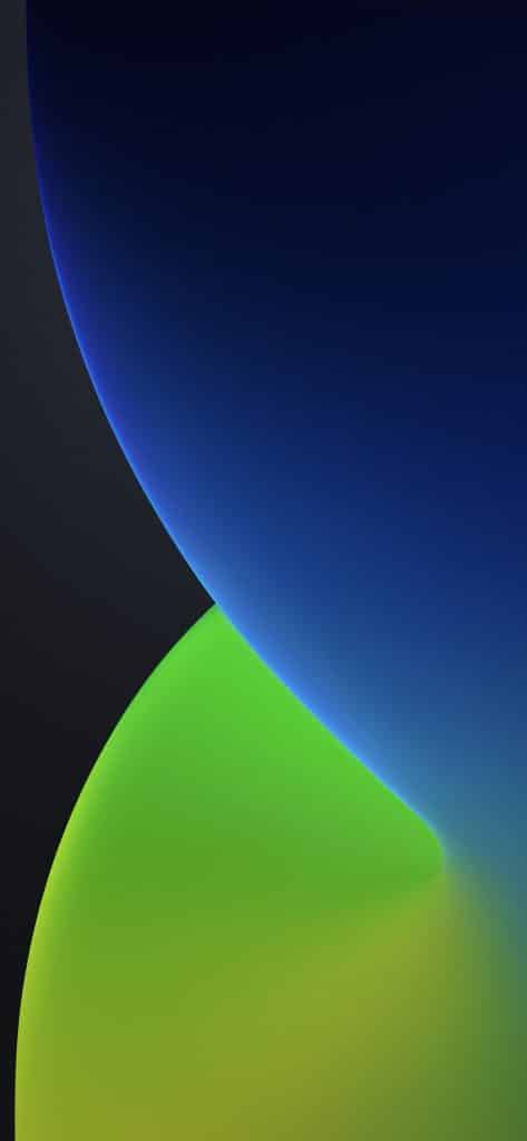 Abstract digital artwork featuring two curving, overlapping shapes. The top shape is dark blue fading to lighter blue, while the bottom shape is bright green fading to yellow. Perfect for iOS 14 wallpapers, this design offers a stunning background transitioning from black to a gradient of blue shades.