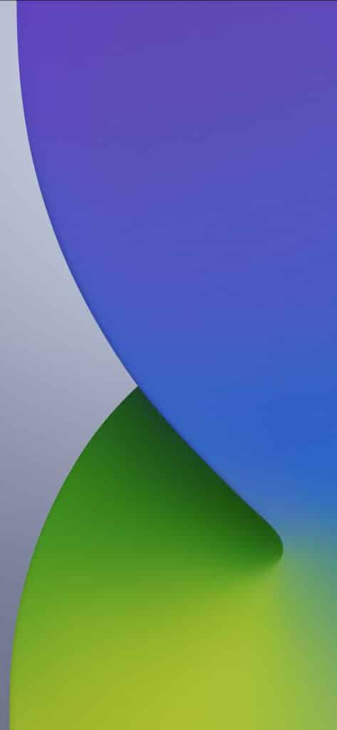 A minimalist abstract image featuring two overlapping shapes, perfect for iOS 14 wallpapers. The top shape has a gradient from purple to blue, while the bottom shifts from green to yellow. The curves intersect to create a smooth, flowing design against a gradient background. Download for your phone now!