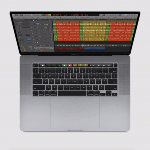 An Apple MacBook Pro laptop is open, displaying audio editing software with tracks in red and green. The screen shows various control panels and waveforms. The laptop's keyboard, touch bar, and trackpad are visible on a light gray background. Curious about the RAM upgrade cost?