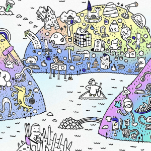 A whimsical, colorful landscape illustration featuring three large, cartoonish hills filled with a variety of playful characters and objects. The scene evokes the spirit of Apple Camp in summer, with kids delighting in animals, musical instruments, books, plants, and various abstract elements—all hand-drawn with intricate detail.
