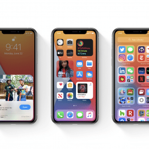 Three smartphones are shown, each displaying different screens. The left phone shows the time and a wallpaper photo; the middle phone showcases an iOS 14 app grid with widgets; the right phone displays a screen full of app icons. All phones have black borders and white backgrounds.