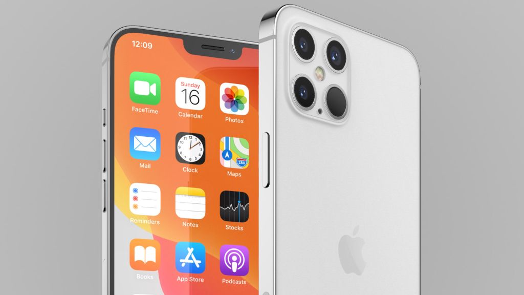 A silver iPhone 12, with a triple camera setup on the top back left corner, is shown. The screen displays various app icons such as FaceTime, Calendar, Photos, Mail, and Maps. The time is 12:09 on Sunday, the 16th. Due to the coronavirus delays, it finally boasts an orange background.