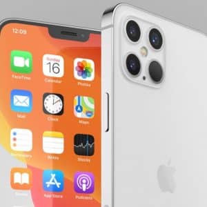 A silver iPhone 12, with a triple camera setup on the top back left corner, is shown. The screen displays various app icons such as FaceTime, Calendar, Photos, Mail, and Maps. The time is 12:09 on Sunday, the 16th. Due to the coronavirus delays, it finally boasts an orange background.