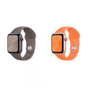 A lineup of four smartwatches with different colored straps: dark blue, brown, orange, and light mint green. All watches have a square face with rounded edges and display the same default watch face. They are shown against a white background, reminiscent of how Apple launches its sleek new Apple Watch bands.