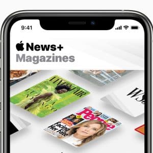 The image shows a smartphone screen displaying the Apple News+ app with a focus on the "Magazines" category. Visible magazine covers include Vanity Fair, People, and WSJ among others. The time displayed on the phone is 9:41, highlighting an Apple News update that lets you remember where you left off.