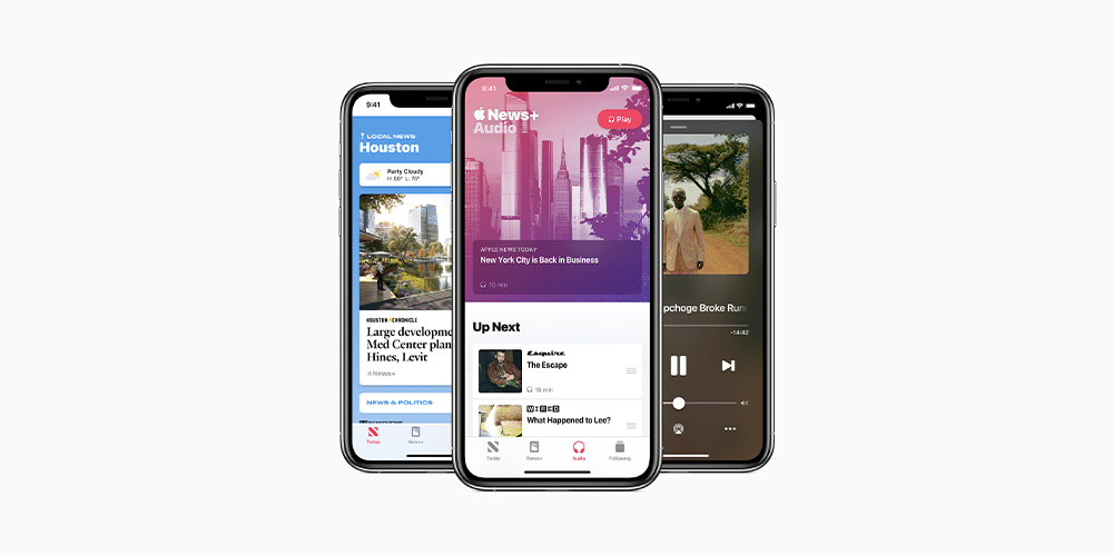Three smartphones are displayed side by side. The left phone shows a news app featuring a Houston headline in Apple News. The center phone displays an audio news app screen titled "Up Next," highlighting new features. The right phone shows a music app playing a song with album art and playback controls.
