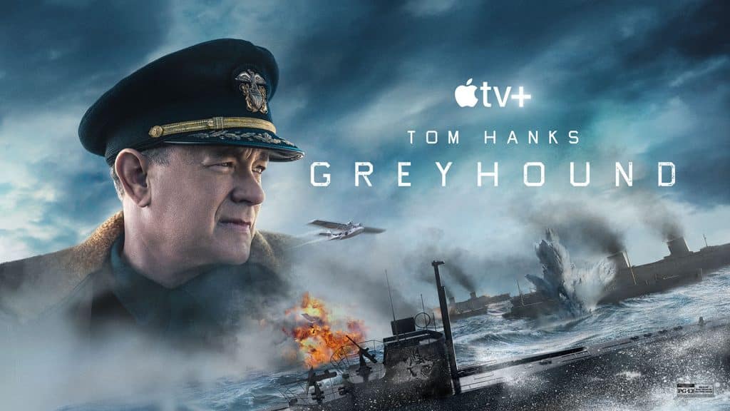 Promotional poster for the new movie "Greyhound" on Apple TV+, featuring Tom Hanks in a military uniform. The background shows a stormy sea battle with explosions and naval ships, emphasizing a World War II setting. The title "Greyhound" is prominently displayed.