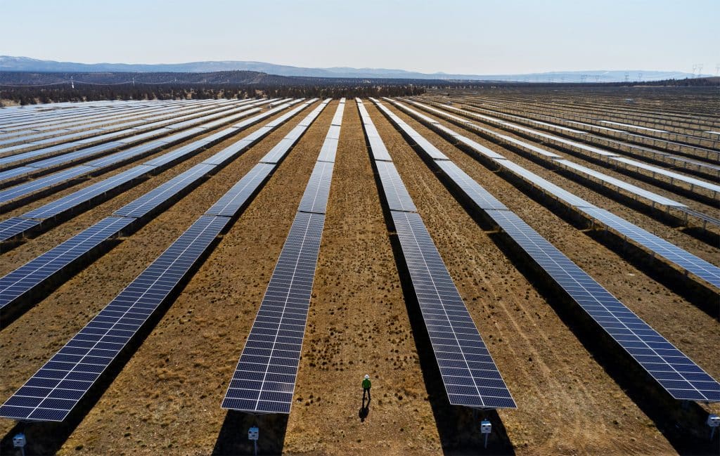 A vast solar farm with rows of solar panels stretching into the distance. In the center, a person in a green shirt walks between the rows. The background features rolling hills under a clear sky, indicating a sunny day and Apple’s commitment to a carbon-neutral supply chain.