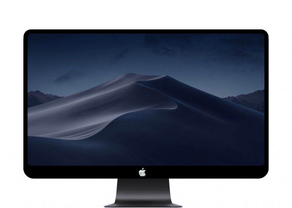 A desktop iMac with a dark-themed wallpaper featuring a night-time desert landscape and sand dunes, shown against a white background. An Apple logo is visible on the bottom front of the monitor, ideal for performing benchmarks with Intel Comet Lake processors.