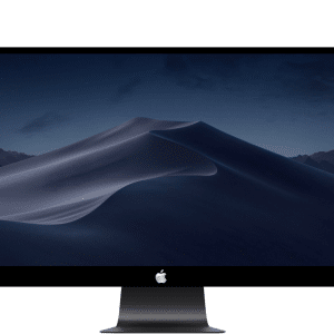 A desktop iMac with a dark-themed wallpaper featuring a night-time desert landscape and sand dunes, shown against a white background. An Apple logo is visible on the bottom front of the monitor, ideal for performing benchmarks with Intel Comet Lake processors.