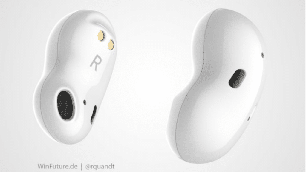 A pair of wireless earbuds, dubbed Galaxy Beans by Samsung, featuring a smooth, bean-shaped design in white. The left earbud is shown from the bottom displaying sensors and speaker outlets, while the right is viewed from the top. Text at the bottom reads "WinFuture.de | @rquandt".