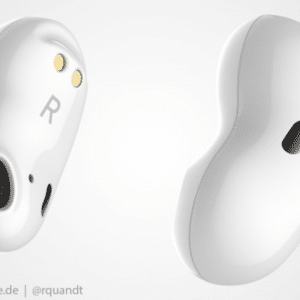 A pair of wireless earbuds, dubbed Galaxy Beans by Samsung, featuring a smooth, bean-shaped design in white. The left earbud is shown from the bottom displaying sensors and speaker outlets, while the right is viewed from the top. Text at the bottom reads "WinFuture.de | @rquandt".