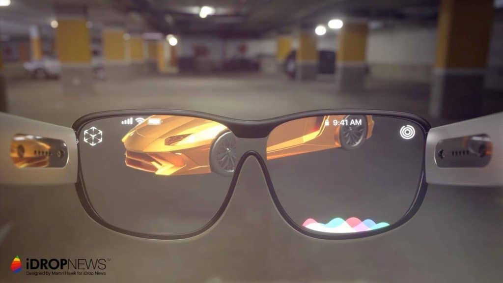 Image of smart glasses displaying an augmented reality interface by iDrop News. The glasses screen shows a sleek orange sports car and a colorful icon bar at the bottom, reminiscent of Apple’s design ethos. In the background, a dimly lit parking garage enhances the futuristic vibe, akin to previewing an iPhone 12 with Apple Glass.