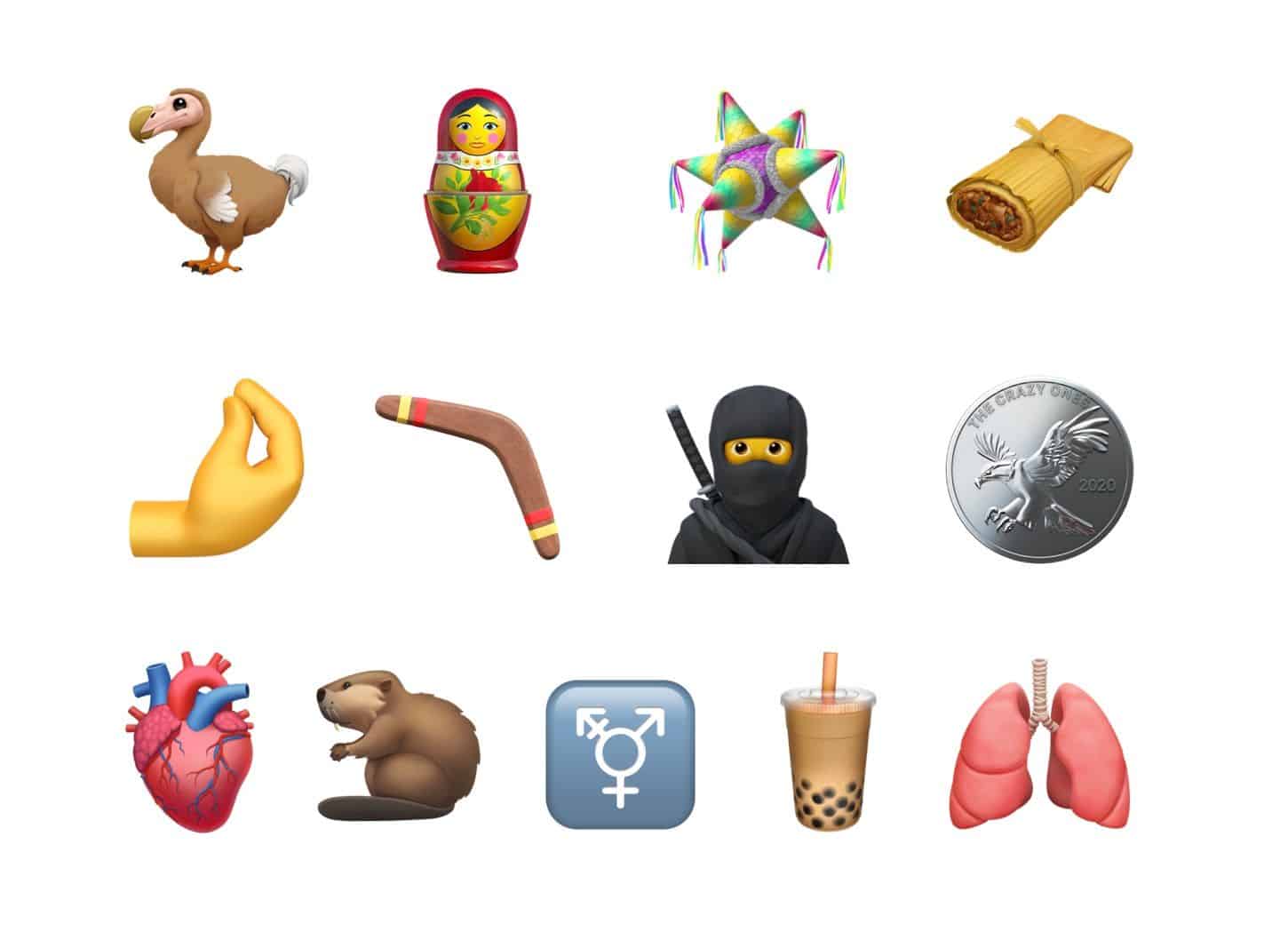 A collection of new emojis introduced in the iOS 14.2 update includes a dodo bird, Russian nesting doll, piñata, tamale, pinched fingers hand gesture, boomerang, ninja, coin, anatomical heart, beaver, transgender symbol, bubble tea and lungs.