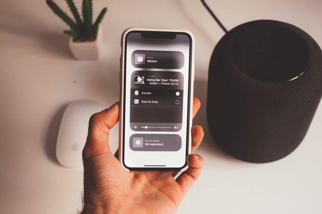 A person holds an iPhone with the home screen open, showing music playback controls on Spotify. Nearby are a HomePod smart speaker, a white wireless mouse, and a small potted plant. The setting appears to be a desk or table, seamlessly blending technology and nature in an iOS 14 environment.