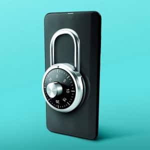 A black Apple smartphone is shown with a silver combination padlock attached to its front, symbolizing security against weak passwords. The background is a solid turquoise color.