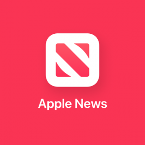 The image features a red background with the Apple News logo, a stylized white "N" within a white square. Below the logo, the text "Apple News" is displayed in white, highlighting its integration with services like iPad activation for seamless access to premium content on Apple News+.
