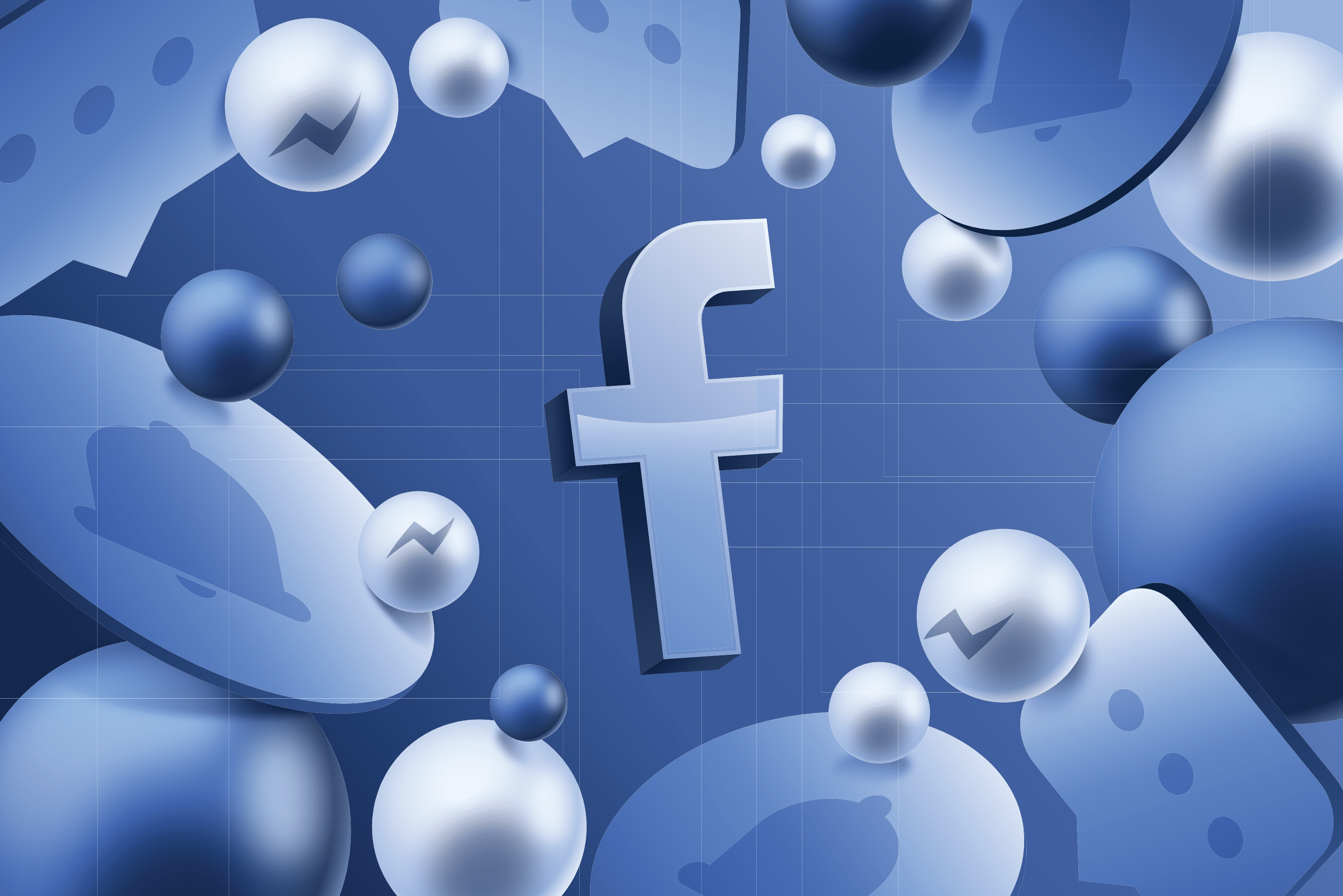 A blue-themed illustration featuring Facebook's logo surrounded by various circular icons. Icons include notification bells, messaging symbols, and thumbs-up signs, creating a dynamic and engaging design that subtly hints at the impact on profitability from iOS 14 privacy changes around the central "f" logo.