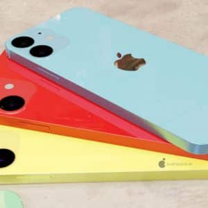 Three stacked smartphones with dual cameras on a neutral background, showcasing a rumored design reminiscent of the iPhone 4-inspired style. The phones are in pastel shades: one in light blue on top, one in red in the middle, and one in yellow on the bottom.