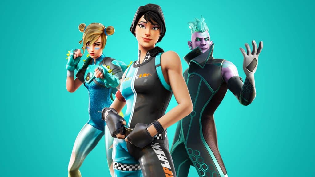 Three animated characters strike dynamic poses against a bright turquoise background. Among them is a woman with blonde hair in a blue outfit, another woman donning a futuristic black and teal suit reminiscent of Fortnite designs, and a man with white hair dressed in an edgy, dark ensemble.