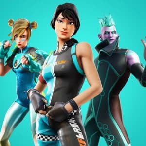 Three animated characters strike dynamic poses against a bright turquoise background. Among them is a woman with blonde hair in a blue outfit, another woman donning a futuristic black and teal suit reminiscent of Fortnite designs, and a man with white hair dressed in an edgy, dark ensemble.